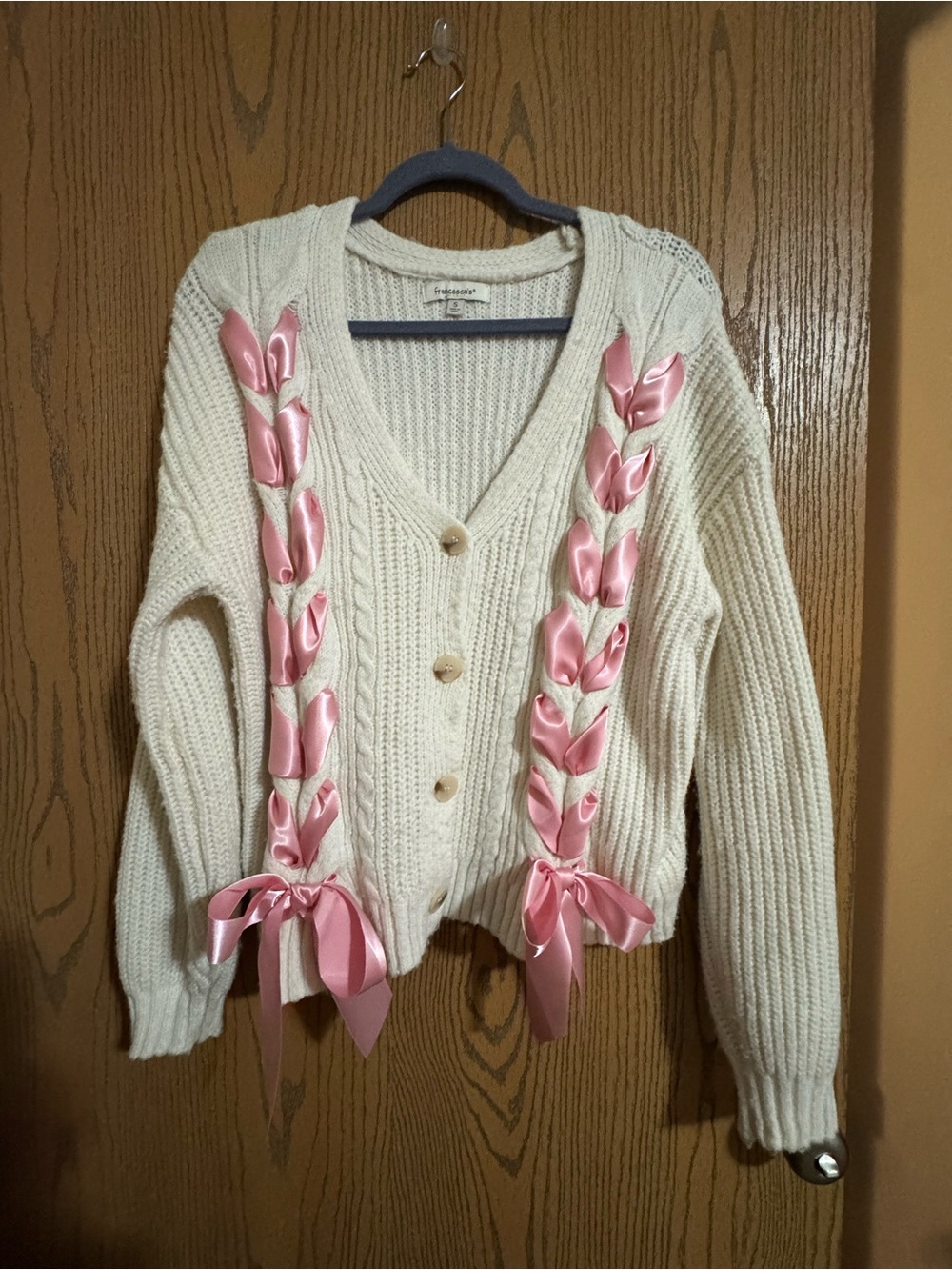 Francesca's Collections Cream V-Neck Cardigan with Pink Ribbon Trim